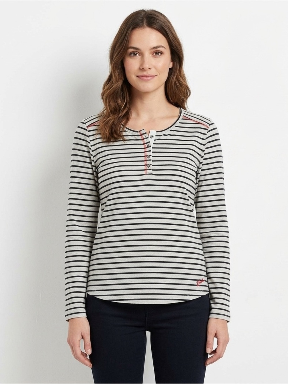 Kavu Women's Long Sleeve Striped Henley Tee - Cream & Black with Red Trim